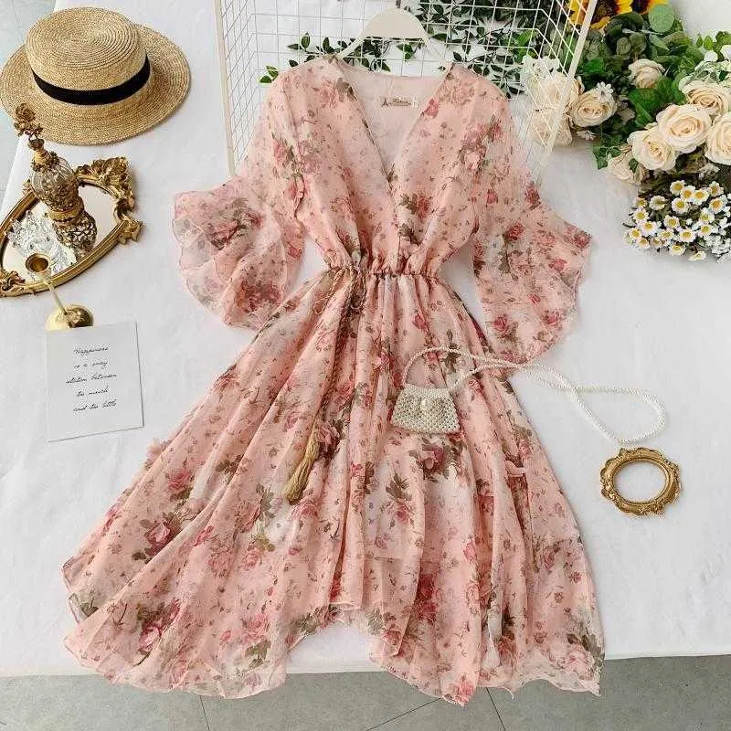 Mozuleva Women Chiffon Dress Summer Sexy Vネックフレアスリーブフローラルスウィートチュールドレスエレガントレディース不規則性ローブ210630