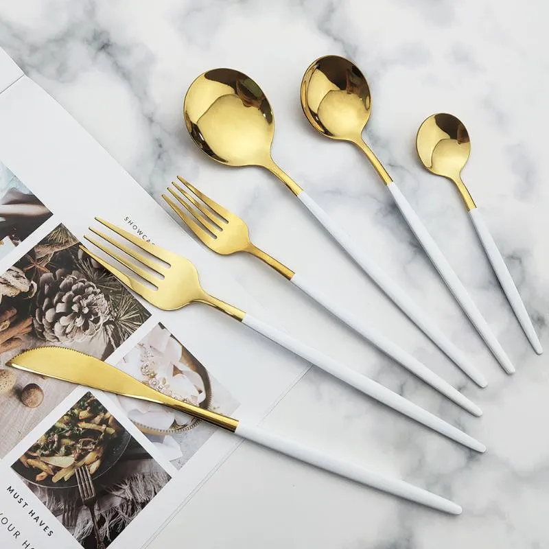Dinnerware Sets White Gold Cutlery Stainless Steel Flatware Tableware Set Dessert Salad Fork LNIFE Spoon Kitchen298Q