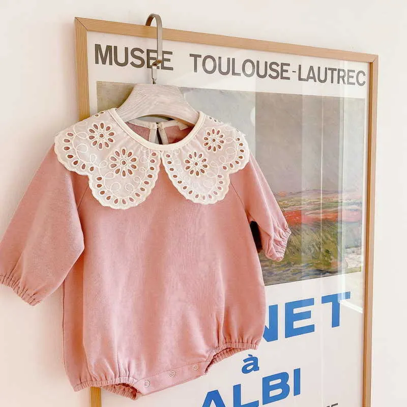 Spring Baby Girl Bodysuit Kant Peter Pan Collar Puff Sheeves Jumpsuit geboren zoete stijl kinderkleding E15 210610