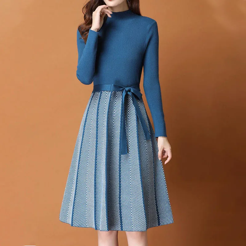 Elegant Knitted pleated Female Autumn Winter Long Sleeve Sweater Women Office Lady Casual Midi Dress 210322