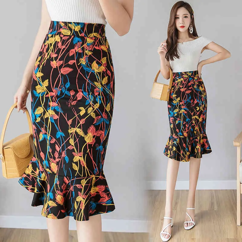 Summer Women's Skirts Korean Retro Style Stretch Print Bust Fishtail All-match Sexy Slim Female GX646 210507