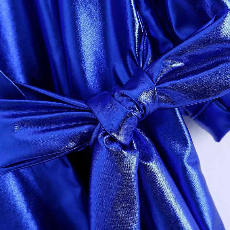 Casual kvinna blå glänsande stretchy sashes mini klänning vår mode damer slim v neck es kvinnlig chic party 210515