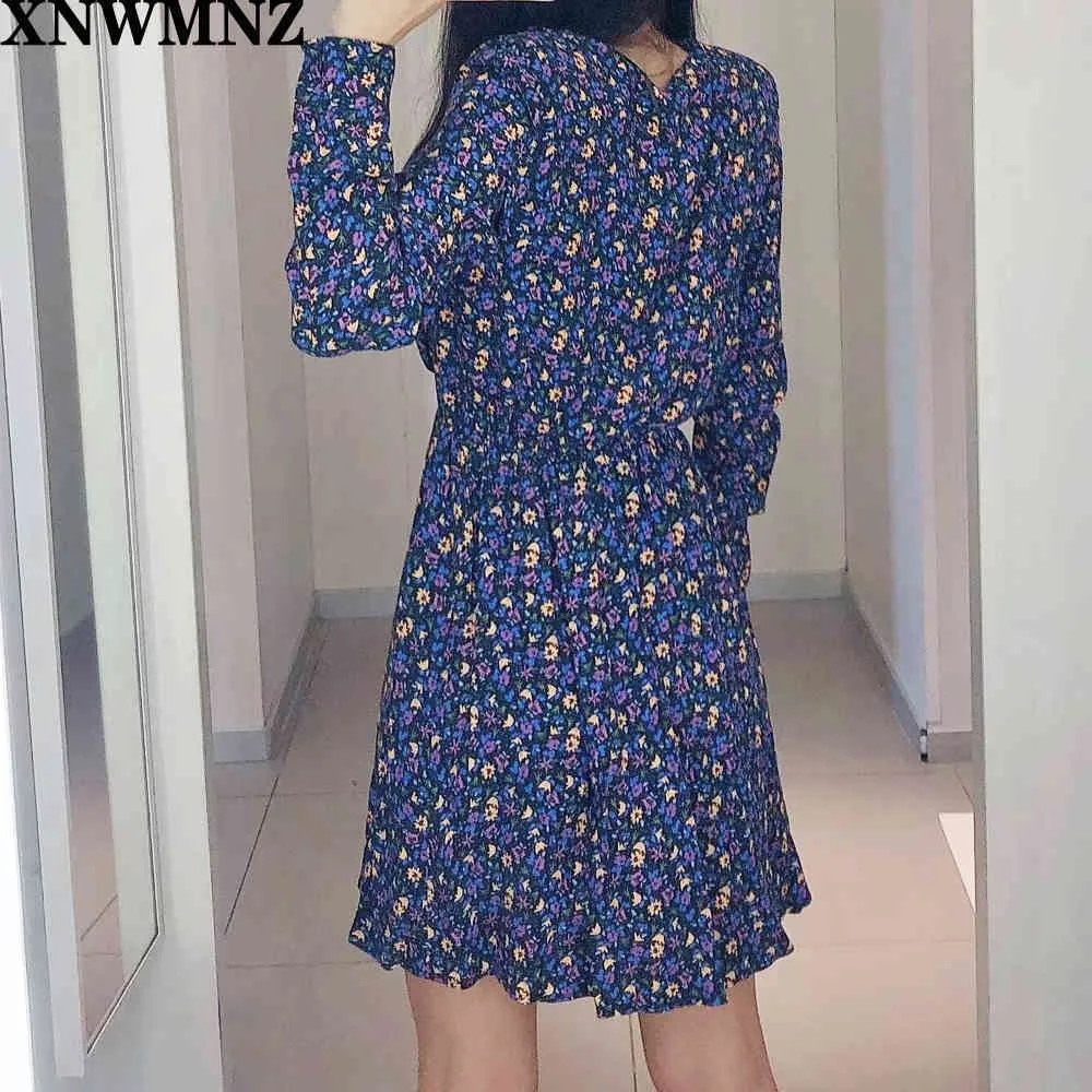 women printed dress with shoulder pads Short surplice neckline Long sleeves invisible zips Elastic waist 0003313 210520