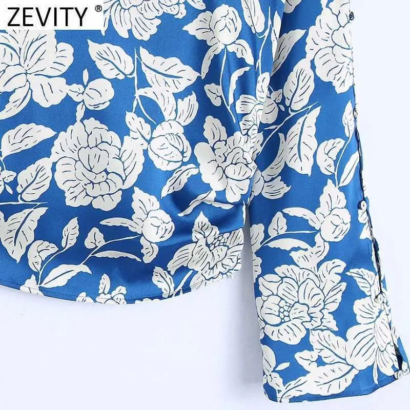 Zevity Donne Vintage Blue Floral Stampa Lato Pieghettato Pieghettato Smock Blusa Ufficio Ladies Flare Sleeve Camicie Chic Blusas Tops LS7707 210603
