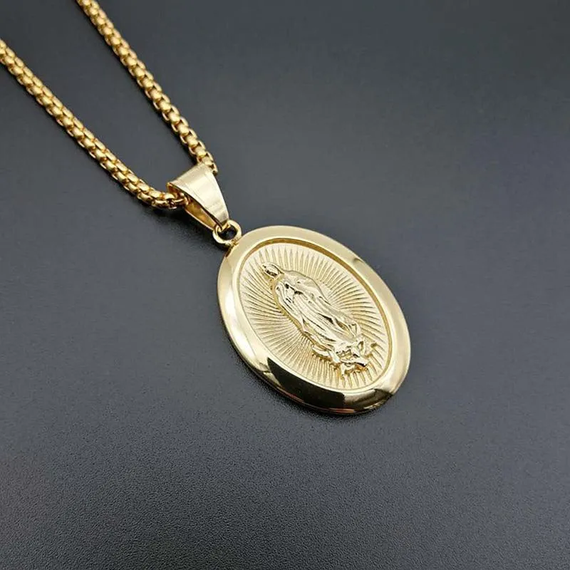Vierge Mary Pendants Neckalce Gold Silver en acier inoxydable Colliers de pendentif rond pour hommes Women Jewerly 2021 268Y