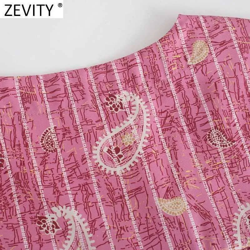 Zevidade Mulheres Vintage Paisley Impressão listrada Casual Midi Dress Feminino Plisses V Neck Nuts Vestido Chic Kimono Vestidos DS8389 210603