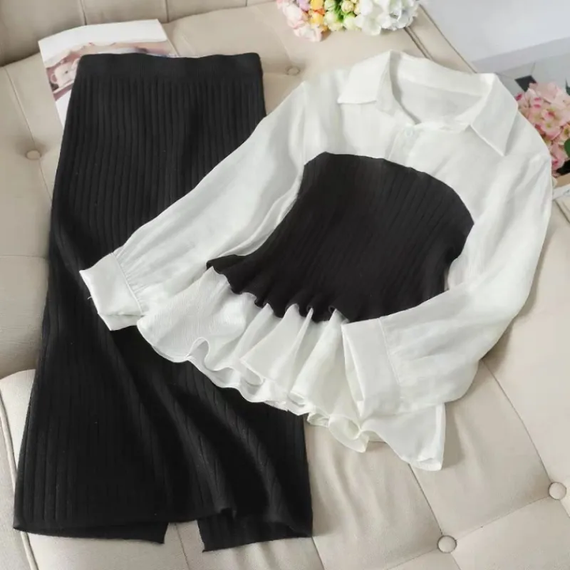 Korean Women Two Piece Sets Outfit Fashion Spring Patchwork Blouse Tops + Long Skirt Suits Elegant Ladies Set 210525