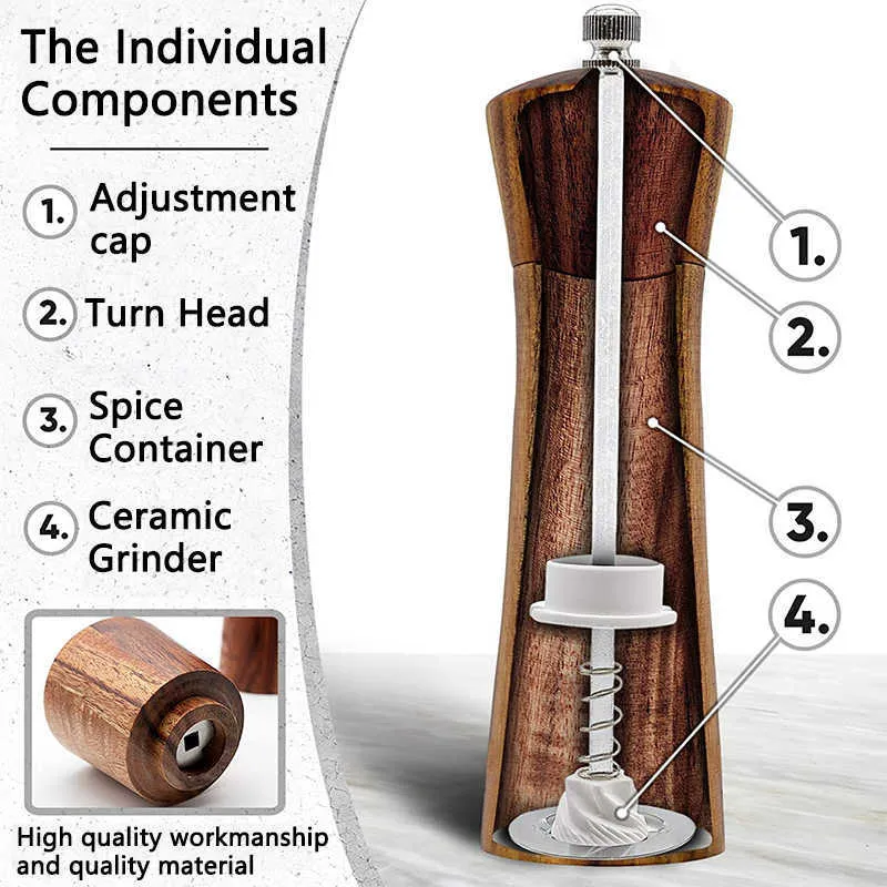 Wooden Pepper Mills Workmanship Salt and Grinder Spice Mill in a Set with Ceramic Grinder, Cleaning Brush 210611