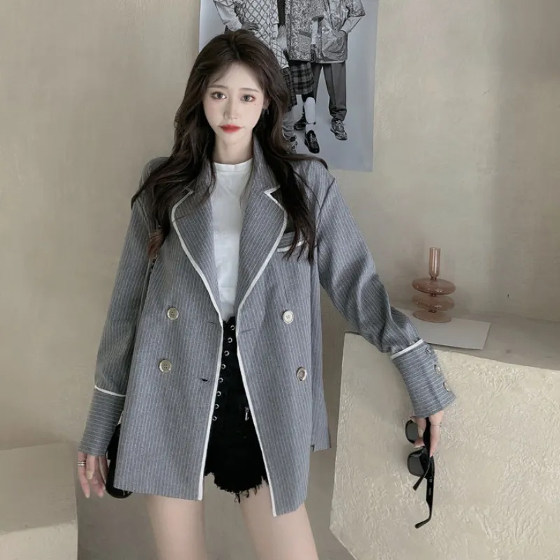 Spring Autumn Women's Jacket Korean Style Gray Striped Suit Versatile Loose Long-sleeved Female Coats LL752 210506