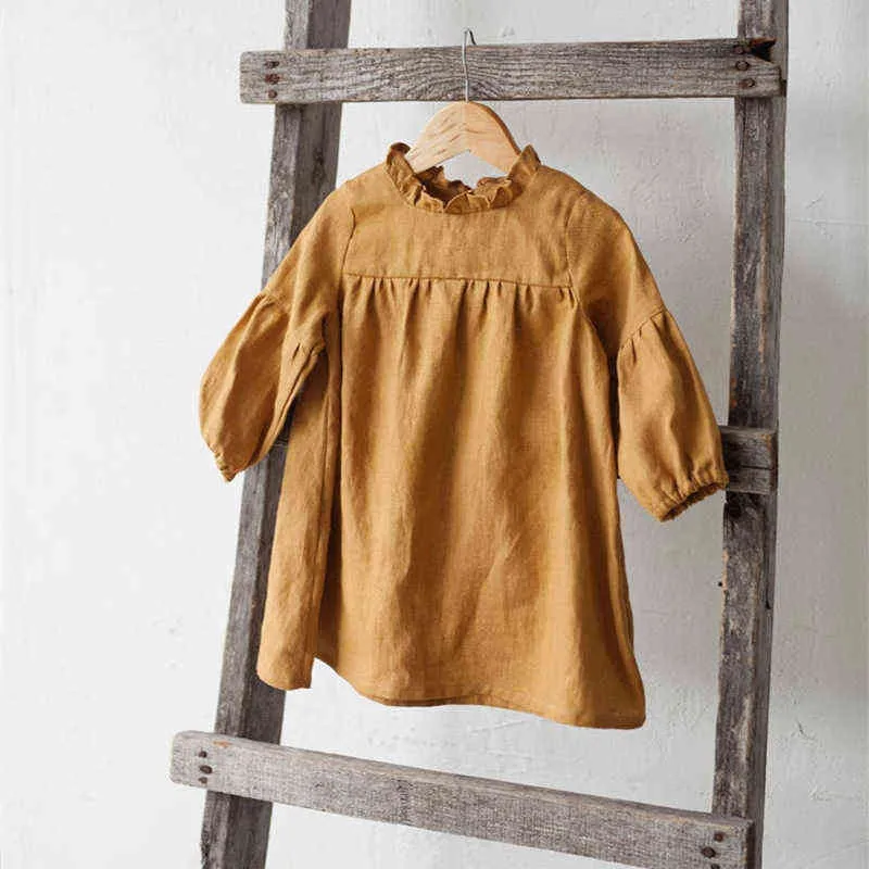 Höst toddler barn baby flicka klänning pastoral stil ruffles långärmad sold bomull linne parti casual klänning barnkläder G1218