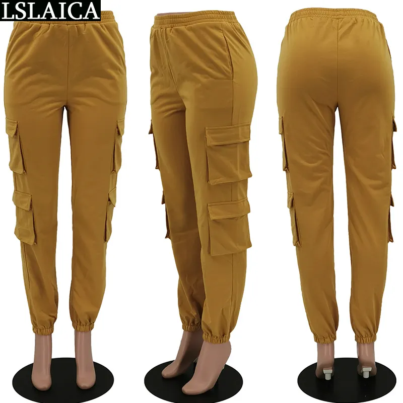 Cargo Pants Women Fashion Mid Waist Solid Woman Casual Female Pocket Sweatpants Autumn Long Trousers Sportswear 210515