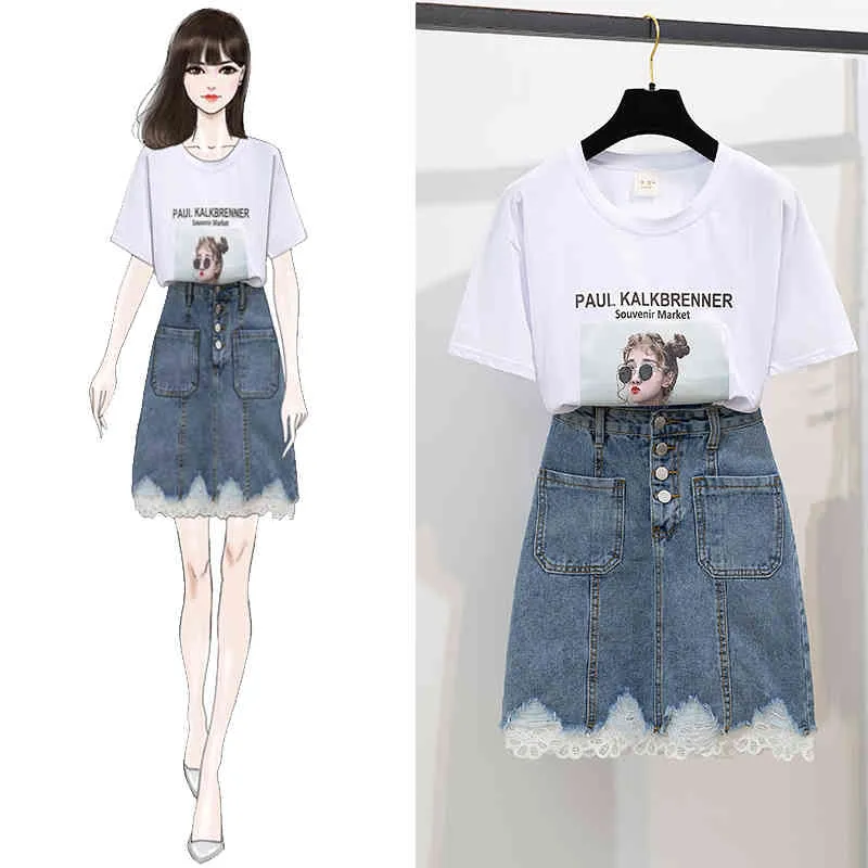 Moda de verão mulheres mangas curtas o pescoço t-shirt de algodão + laço retalhos jeans saias conjuntos de ternos casuais 210428