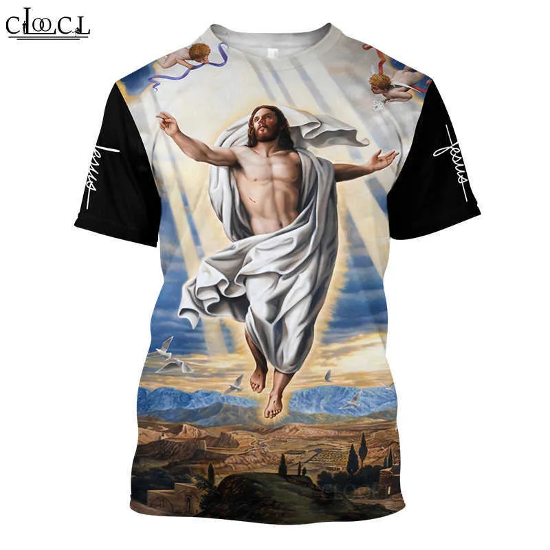 Cloocl EST GOD GOD RESILIONキリストJesus 3DプリントTシャツストリートウェア男性女性ファッションTシャツ原宿トップドロップ210629
