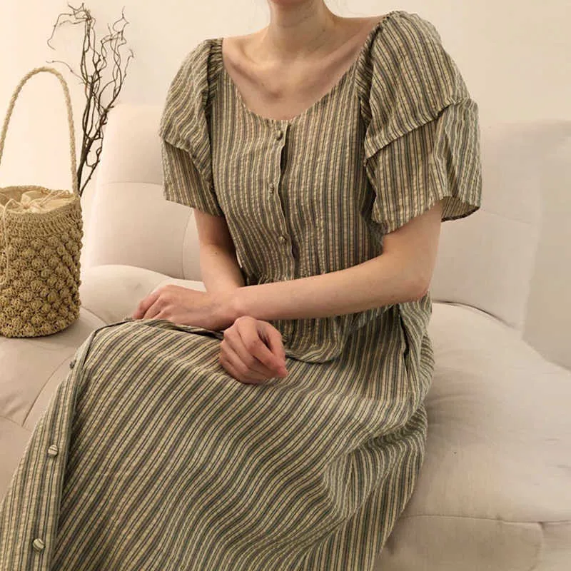 Korejpaa Damesjurk Zomer Koreaanse Chique Dames Retro Elegant Verticale Streep Design Single-Breasted Puff Sleeve Vestidos 210526