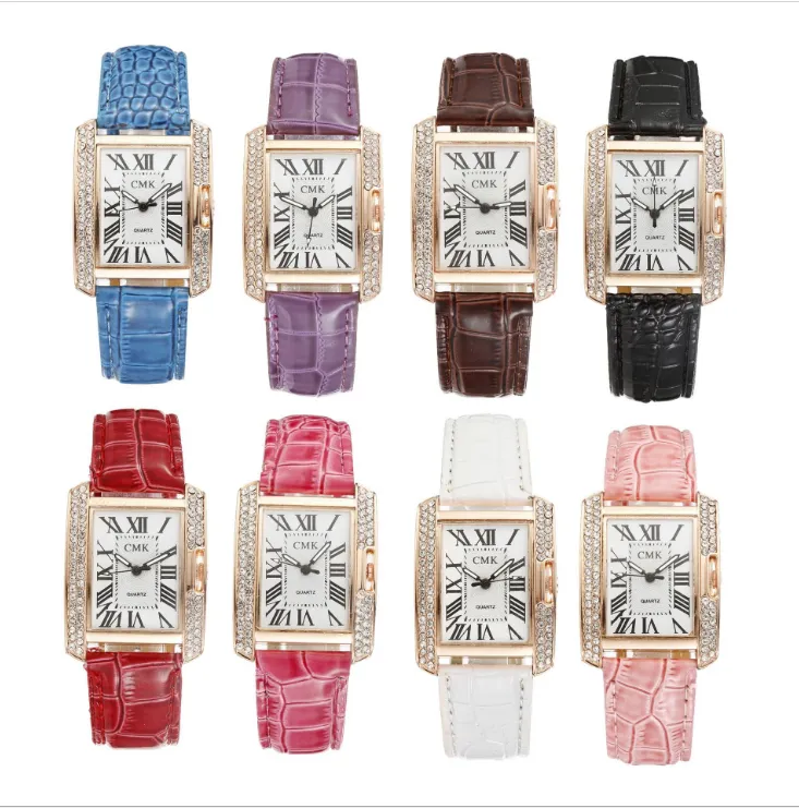 Whole Dazzling Square Dial Temperament Atmosphere Womens Watches Roman Number Diamond Bezel Quartz Female Watch Leather Strap 177V