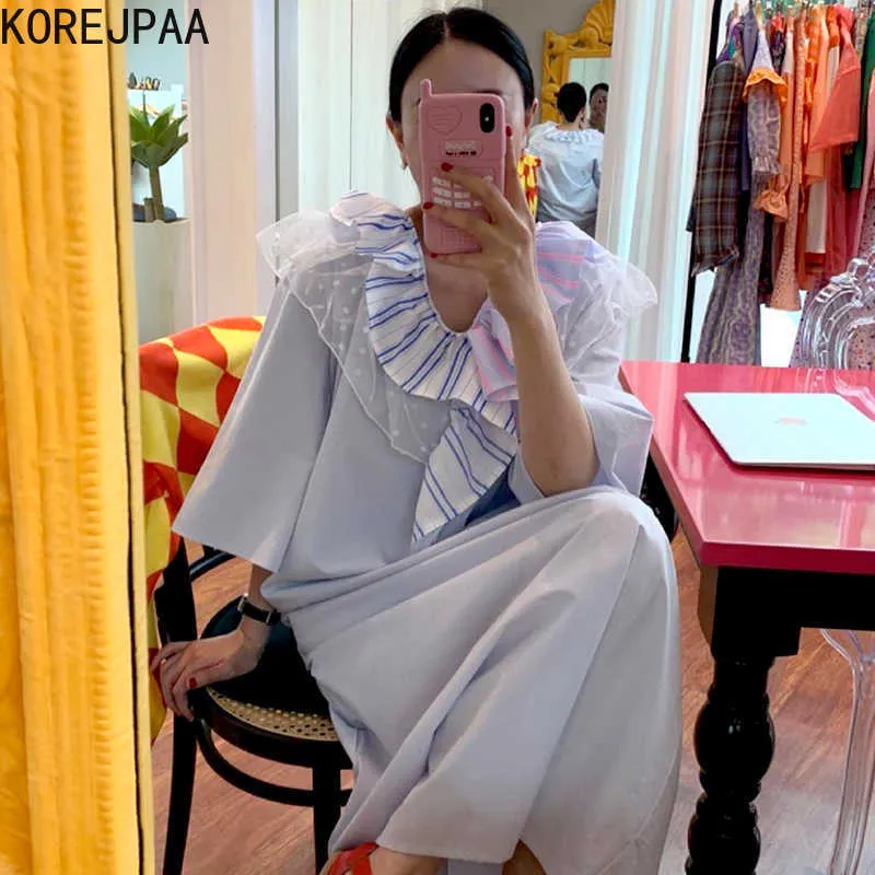 Korejpaa Women Dress Korean Chic Summer Sweet Lapel Striped Stitched Net Yarn Design Loose Casual Flared Sleeve Long Vestido 210526