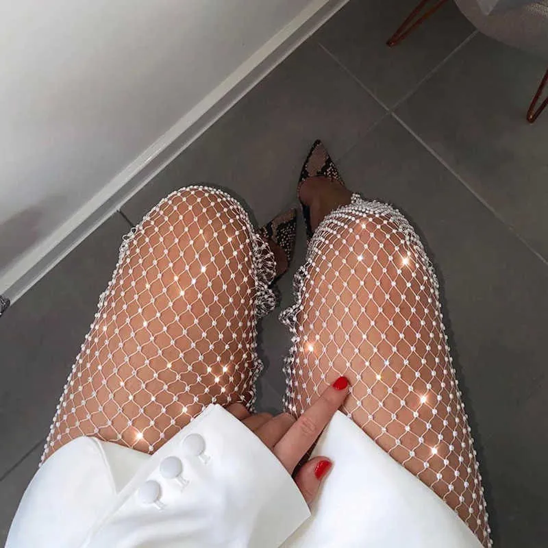 Ellolace Diamond Fishnet Broek Dames Sexy 2020 Zomer Hol Transparante Losse Lange Club Broek Diamante Zien door Pants X0629