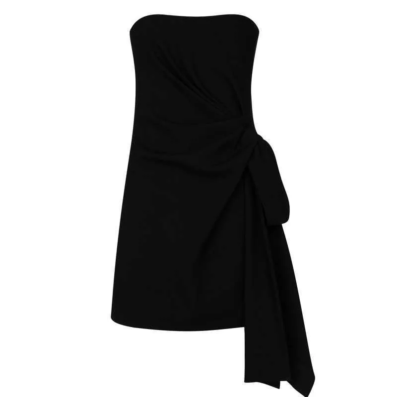 [DEAT] femmes couleur unie sans manches plis taille haute poitrine Wrap tempérament qualité robe été mode 13D129 210527