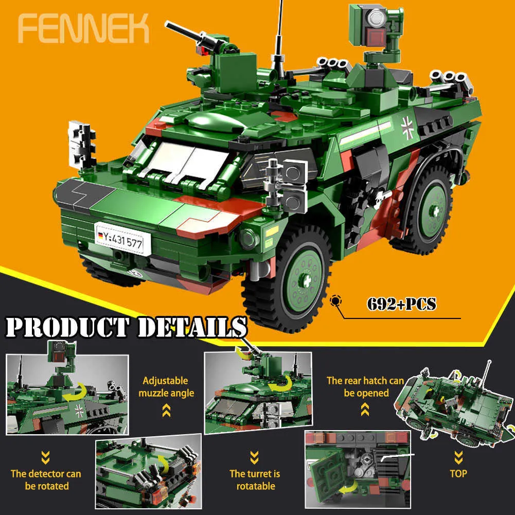 Xingbao Wapens WW2 Militaire Serie Tank PZH2000 Kraan Set Armored Truck Bouwstenen MOC Bricks Educatief speelgoed Jongen Kids X0902