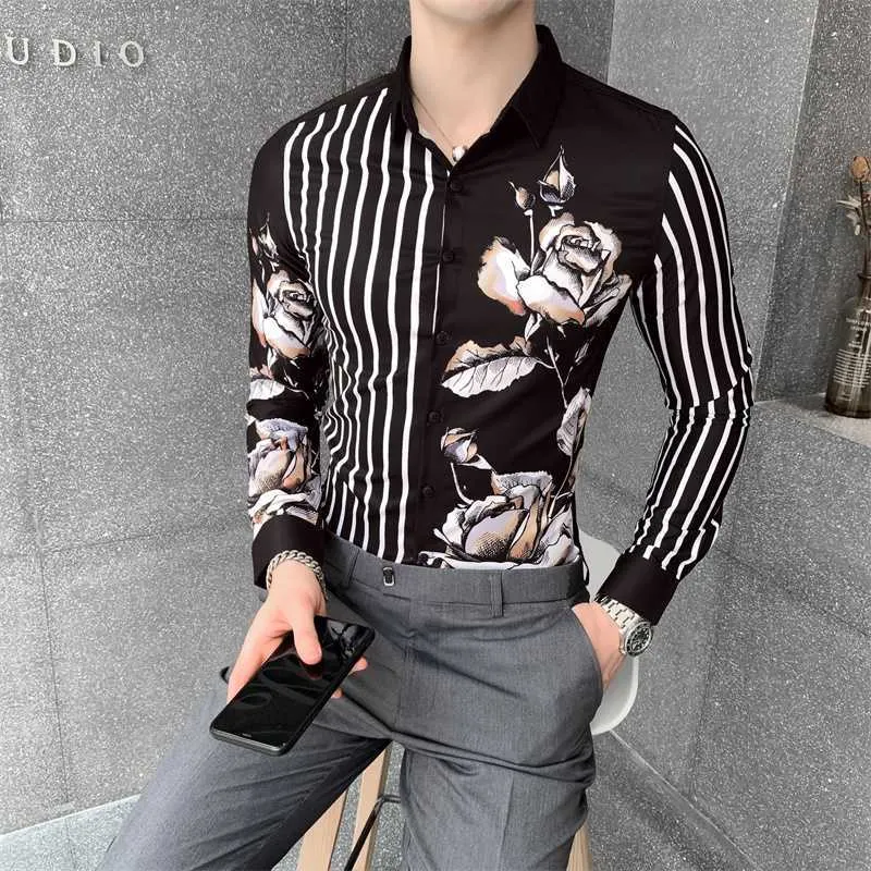 Осень мужчин полосатые рубашки Slim Fit Streetwear Повседневная рубашка с длинным рукавом Флористическая рубашка Camisa Masculina Бизнес социальная мужская одежда 210527