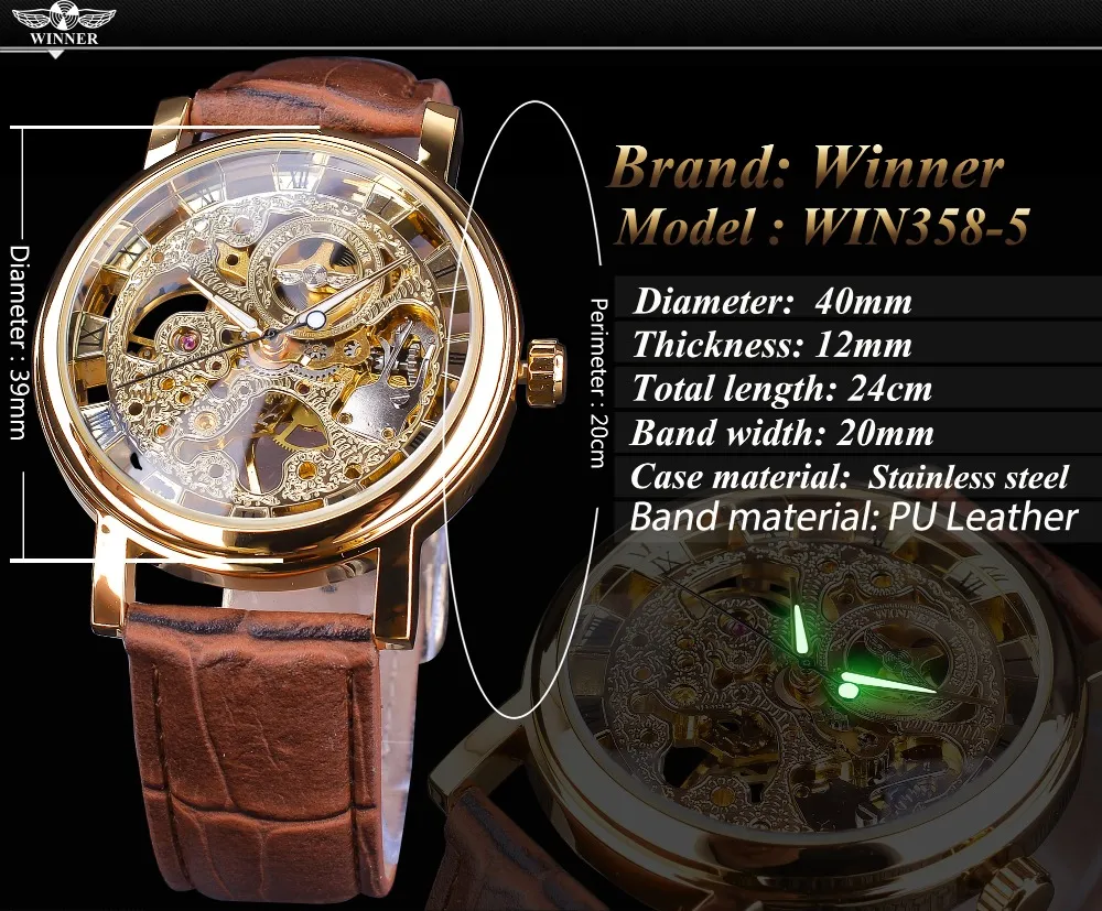 Transparent Golden Case Luxury Casual Design Brown Leather Strap Mens Watches Mechanical Skeleton288C