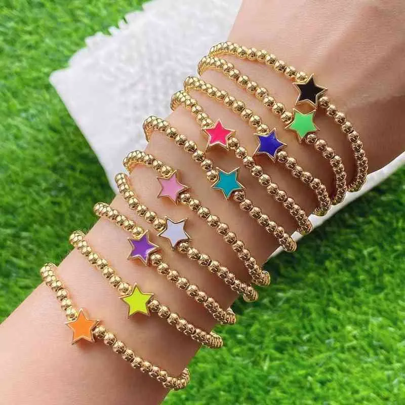 10 pièces mode coloré émail coeur étoile avec plaqué or couleur boule perles breloque à la main Bracelet perlé