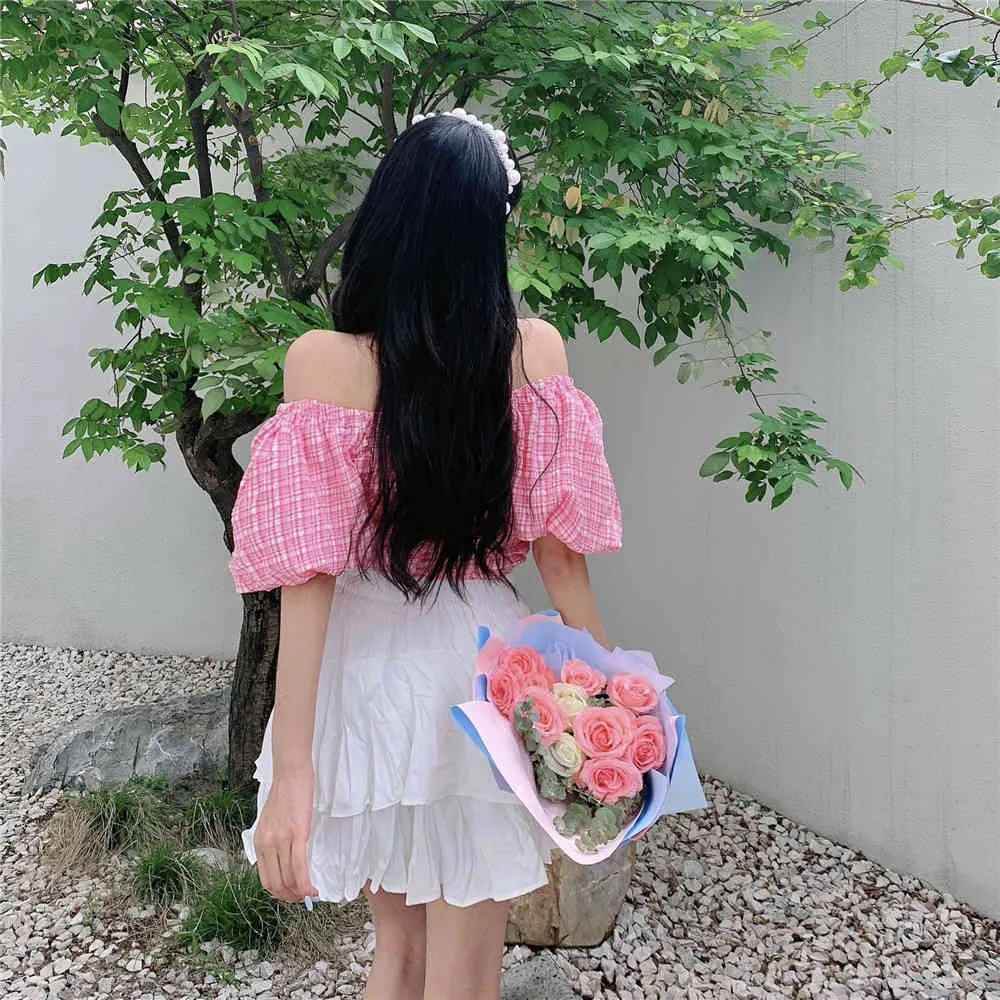 Sommar två bit set kvinnor koreanska rosa plaid slash neck shirt topp + vit tårta mini kjol casual elegant söt kostym kvinnor 210518