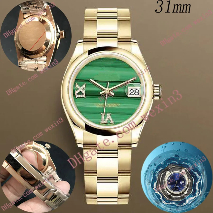 Montre femme de luxe 31 mm Mécanique automatique cadre en diamant bracelet présidents cadran rayé vert montre de luxe 2813 acier Waterp326W