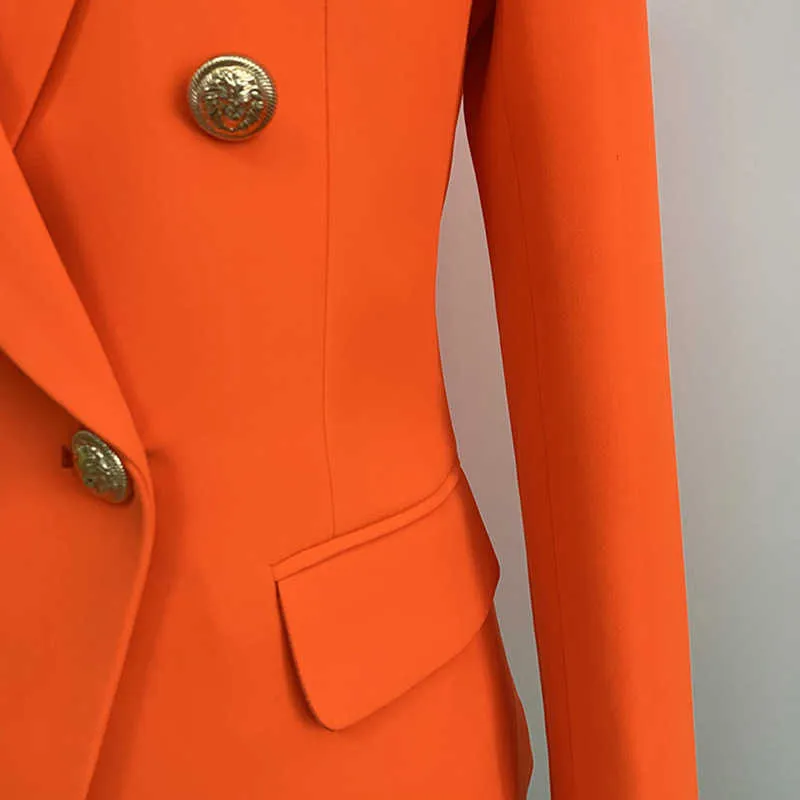 Högkvalitativ Kvinnors Jacka Suit Orange Feminin Kontor Höst och Vinter Slim-Fit Metal Double-Breasted Ladies Blazer 210527