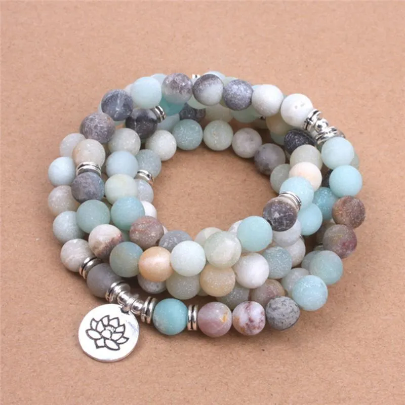 Bracelet à brins de perles pour femmes, perles d'amazonite givrées mates avec Lotus OM bouddha, breloque Yoga Mala, collier 255C