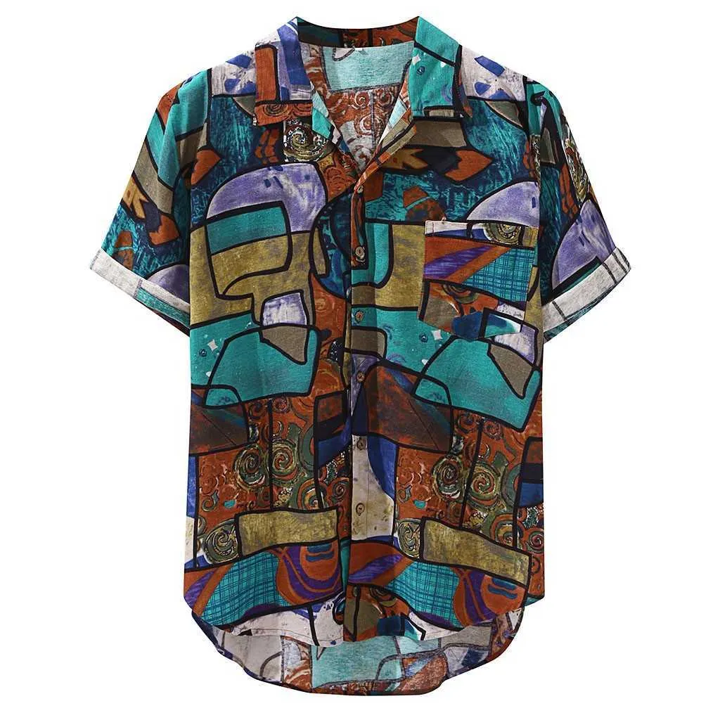 Womail Ankomster Casual Print Band Shirt Men Kortärmad Knapp Toppar Lös Mode Beach Hawaiian M-4XL 210629