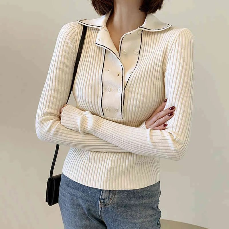 Ezgaga knit camisola pulôver mulheres chique giro botão botão slim simples macio tops escritório senhora elegante all-match moda 210430