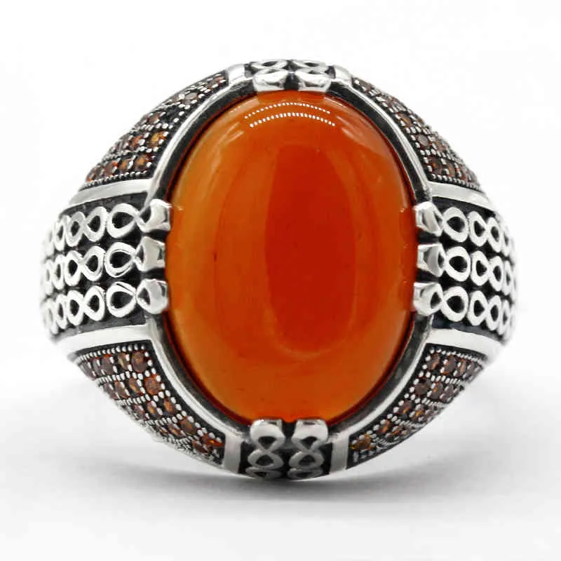 Solid 925 zilveren ring retro oude Midden-Oosten Arabische stijl agaat steen kalkoen sieraden voor mannen vrouwen huwelijksgeschenk