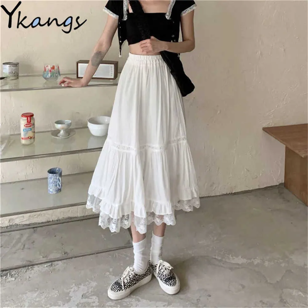 Hoge taille kanten stiksel ruche tule geplooide rok zomer vintage witte dunne lange rok vrouwen Koreaans zwart streetwear 210619