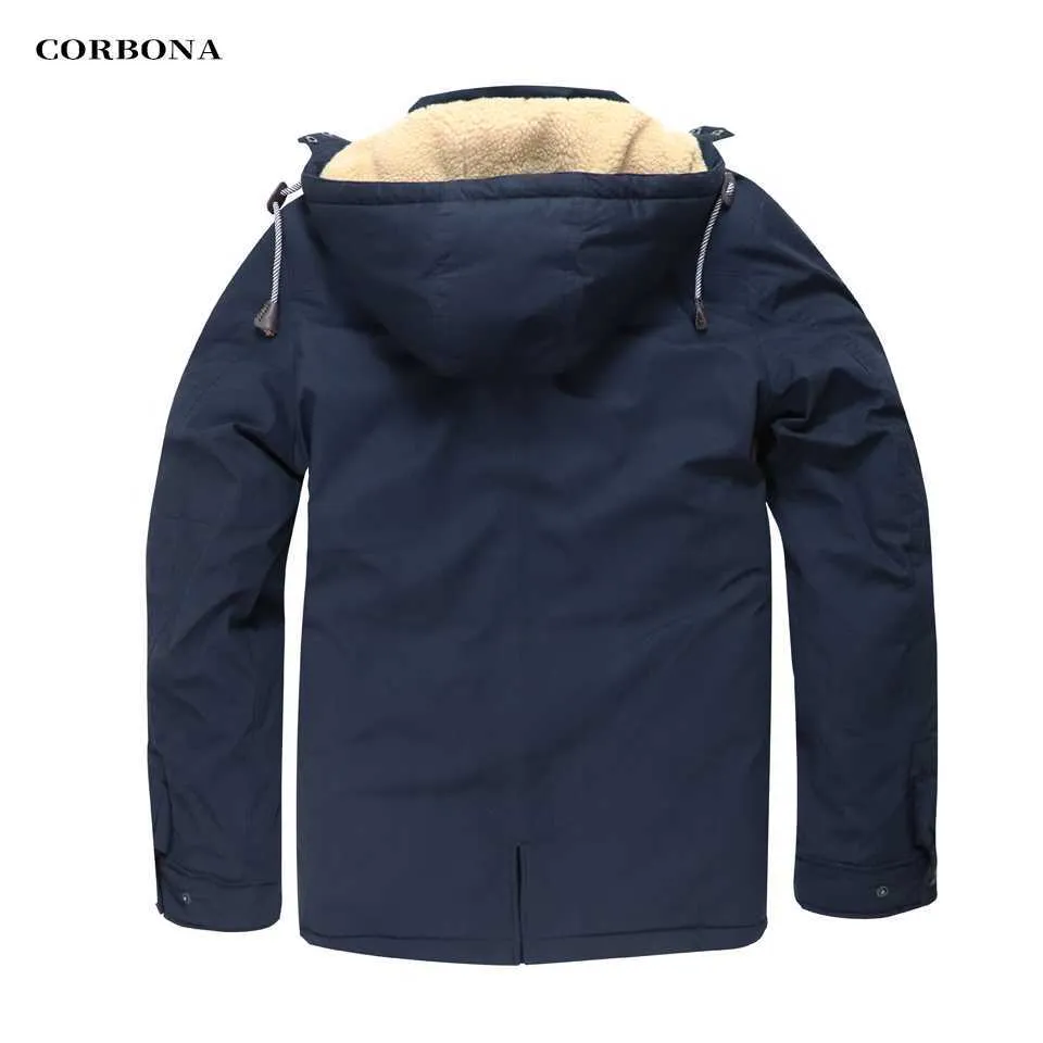 Corbona Högkvalitativ varm bomullskläder Mäns Jacka Business Casual Mid-Length Mode Tjockad Coat Lambull i Hat 211104