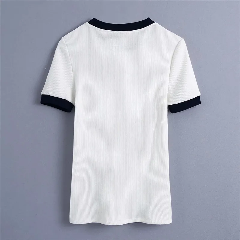 Spring White Knitted Top Woman T-Shirts Women Short Sleeve Basic Casual Fashion Contrast Rib Female 210519