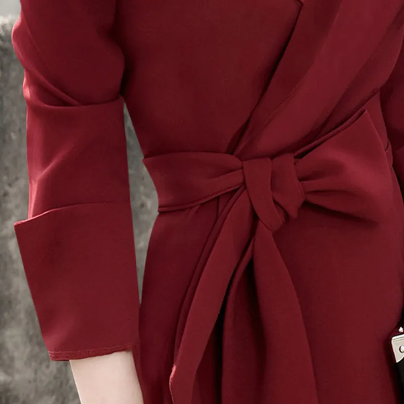 Kobiety czerwone wino duży rozmiar łuk seksowna sukienka asymetryczna szyja z długim rękawem luźne dopasowanie mody płytki wiosna jesień gx160 210421