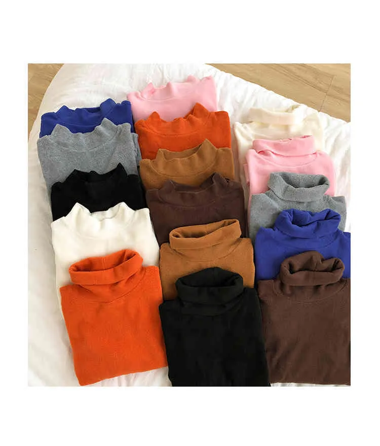 8 farben herbst koreanischen stil grundlegende frauen Warme tops rollkragen einfarbig langarm t-shirt Womens Tees hemd femme X136 210508