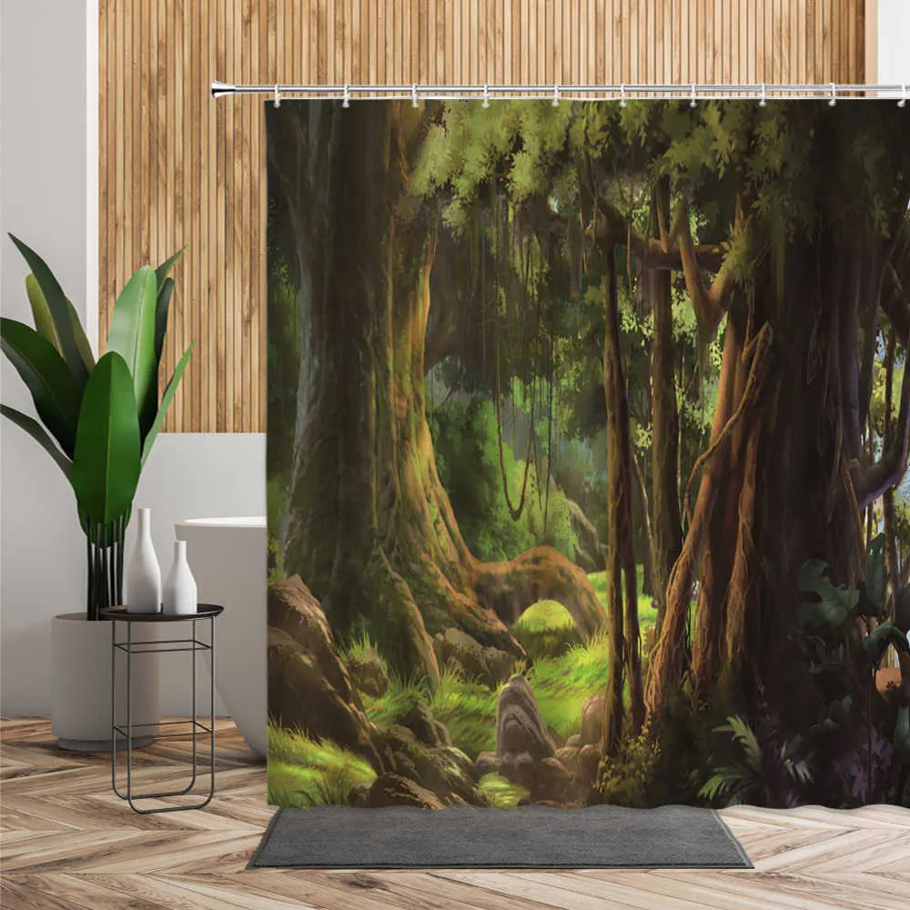 Grüner Dschungel Duschvorhang Sommer Wald Baum Badezimmer Bad Dekoration Home Decor Natürliche Landschaft 3D Wohnzimmer Vorhänge Set 210609