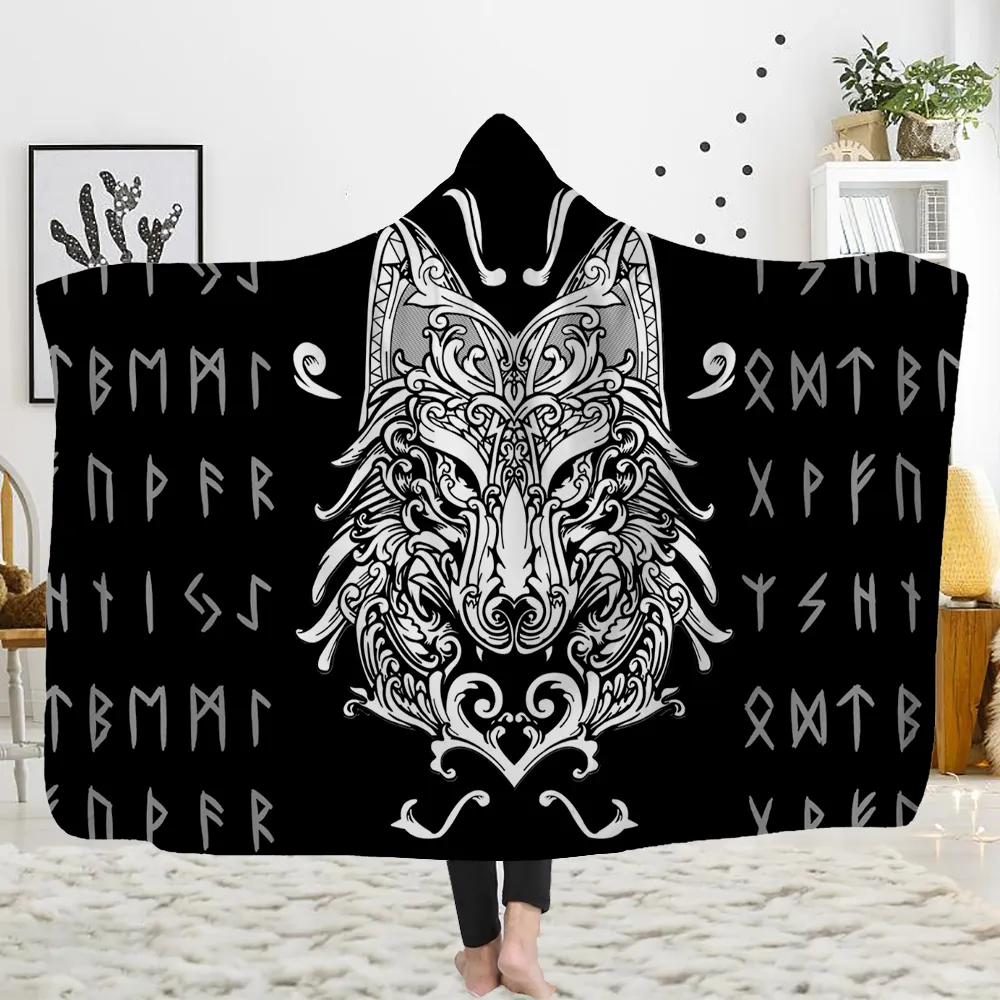 Customized 3D printed hooded blanket can be worn on flannel lamb cashmere cloak Viking totem theme Custom DIY Thin Quilt Sofa blan2631