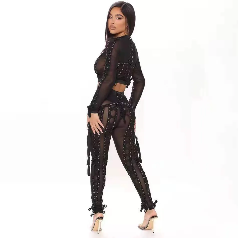 Free Sexy Bodycon Mesh Lace-up Pencil Pants Set O-Neck Long Sleeve Short Top & Drawstring Two-Piece 210524