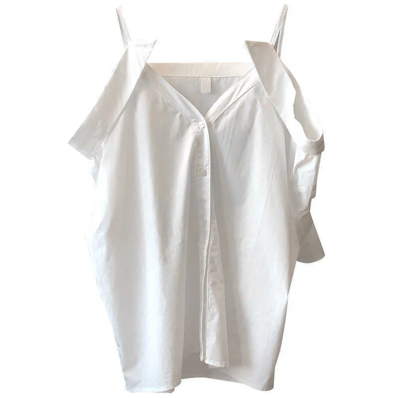 Być może u Kobiety Summer White One-Shoulder Sling Shirt Off-Ramię V-Neck Single-Breasted Half-Rękawki Topy B3074 210529
