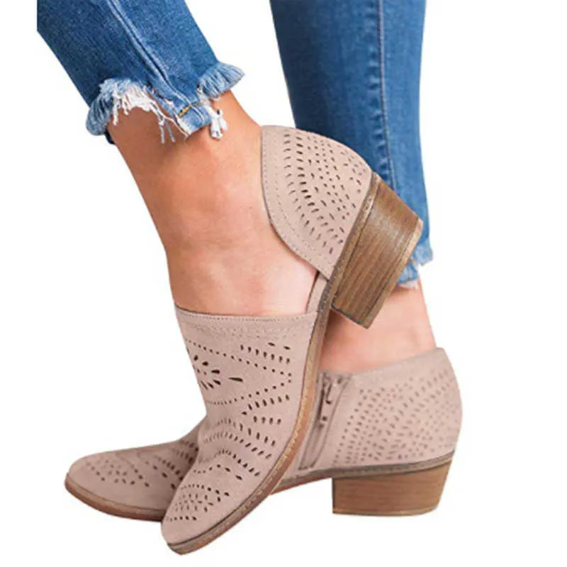 2021 Mode Dames Laarzen Lente Zomer Blok Lage Hak Dames Booties PU Lederen Holle enkel Platform Schoenen Y0914