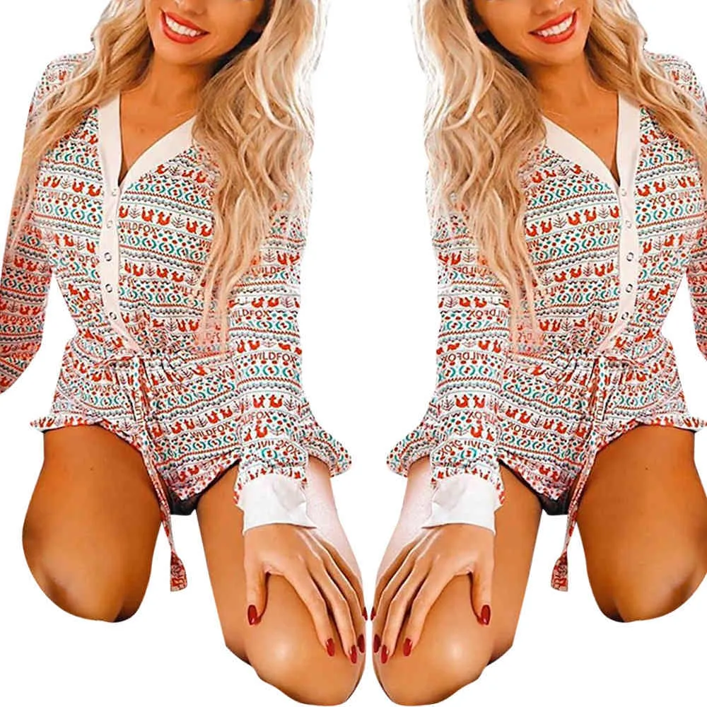 Otoño sexy manga larga playsuits mujeres casaul v cuello botón delgado mamelucos cortos navidad impresión encaje hasta mono señoras monos 210522