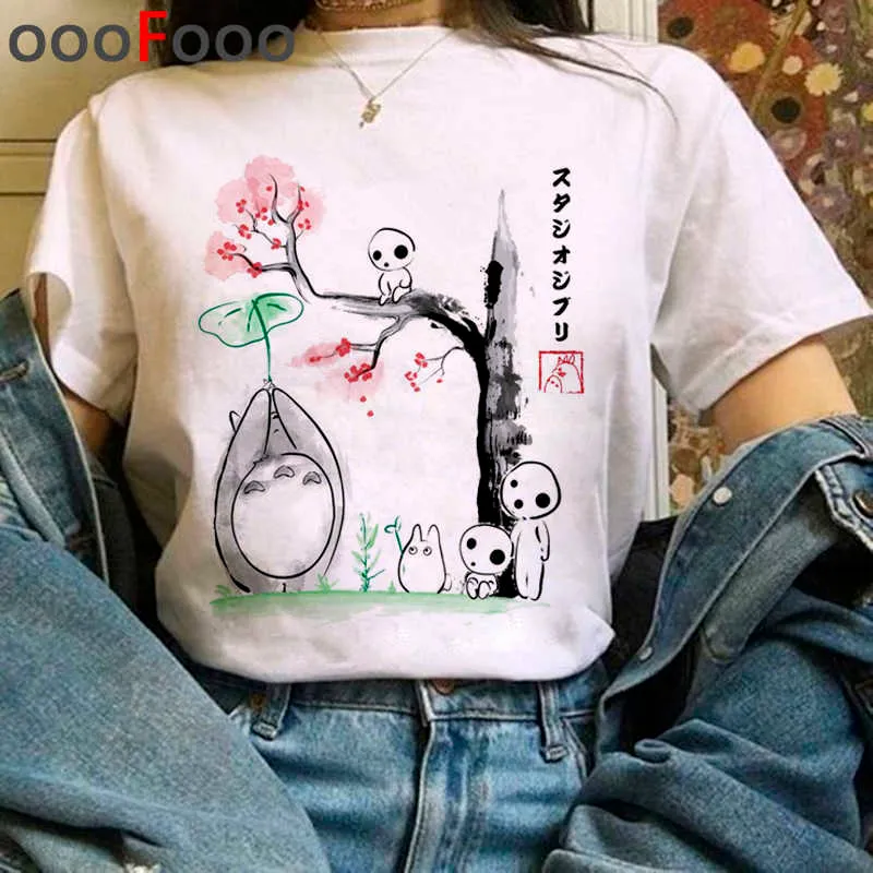 Totoro Studio Ghibli Harajuku Kawaii T Shirt Women Ullzang Miyazaki Hayao Tshirt Funny Cartoon T-shirt Cute Anime Top Tee Female X0628