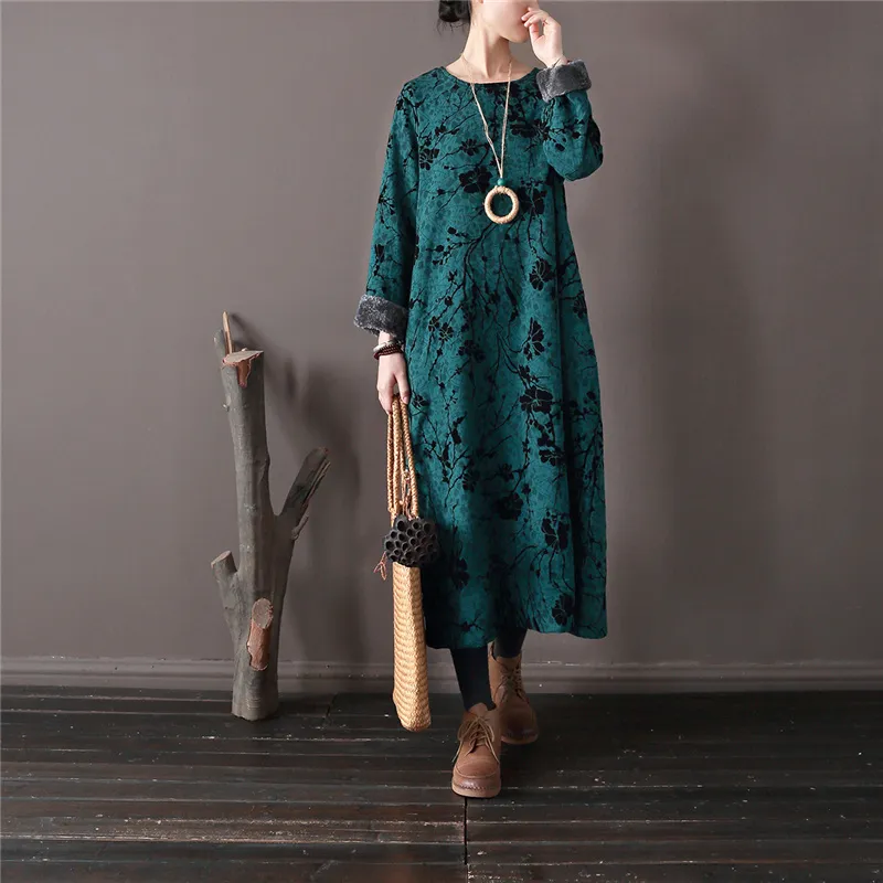 Jacquard 빈티지 드레스 중국어 스타일 양털 늑대 겨울 3 색 여성 옷을 입은 면화 드레스 210521