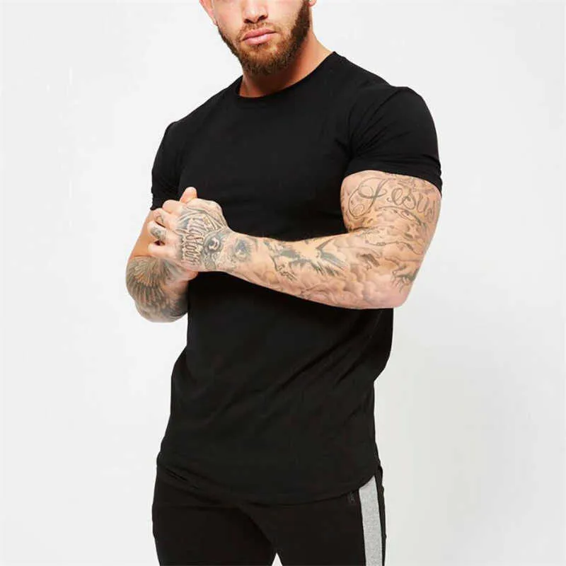 Summer Fashion Solid Short Sleeve T Shirt Men Fitness Clothing Cotton O-neck Silm Fit Casual T-shirts plus size M-2XL 210629