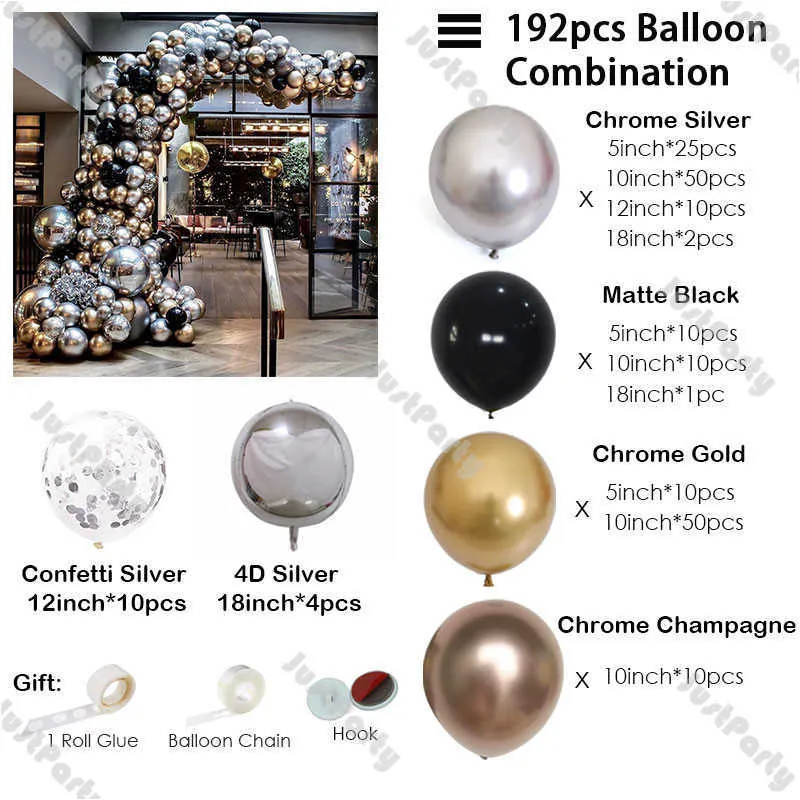 192st Metal Silver Balloons Garland Diy Wedding Decorations Chrome Gold Champagne Matte Black Balloon Arch Birthday Party Decor x3332