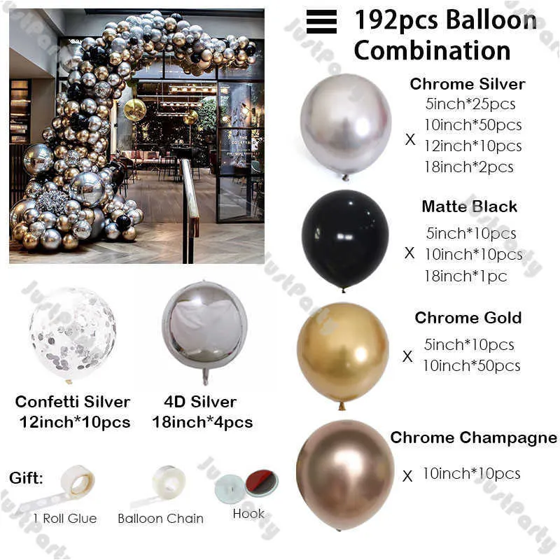 Balões de metal prateado 192 peças guirlanda faça você mesmo decorações de casamento cromo ouro champanhe fosco preto arco de balão decoração de festa de aniversário x203a