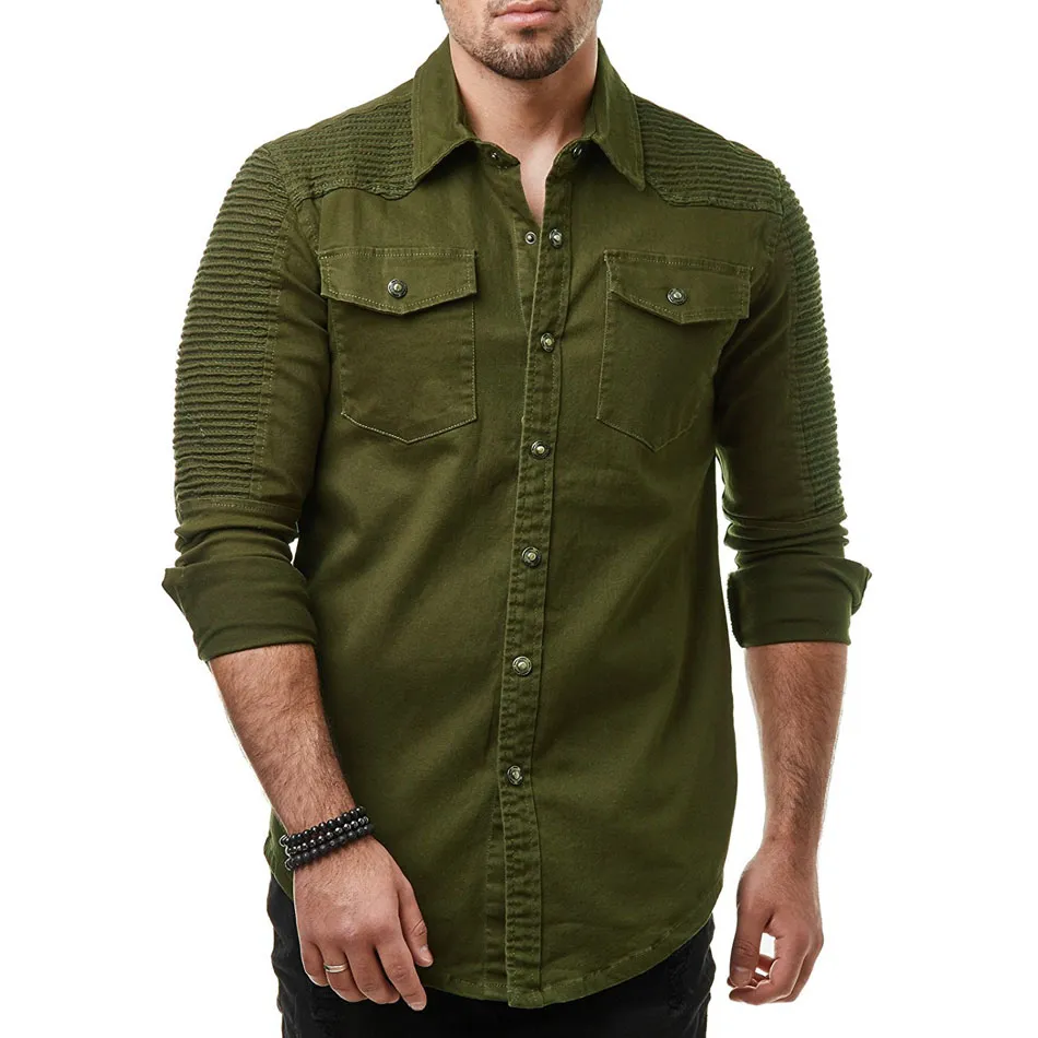 تصاميم العلامة التجارية جينز الجينز قميص الأكمام طويلة القابلة للغسل قميص قميص الجيب ديكور رجال القمصان قميص رفيع